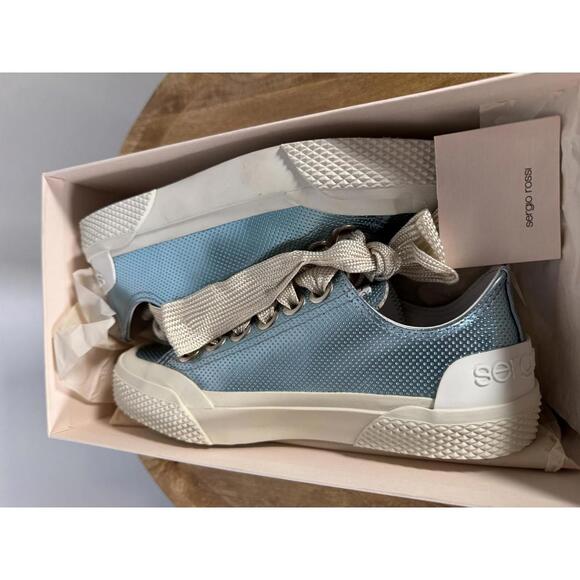 Sergio Rossi Metallic Blue Leather Sneakers EU 35 US 5 Lace Up Women’s NWB - Picture 5 of 11